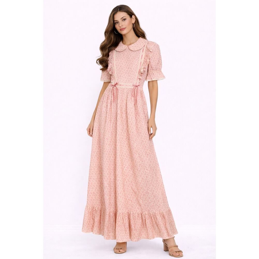 Vintage 1970s Prairie Maxi Dress Pink Floral Ruffle Ribbon Tie XS